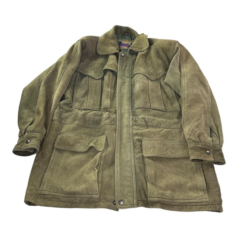 Vintage Glampier Olive Green Leather Field Coat Jacket Mens Large